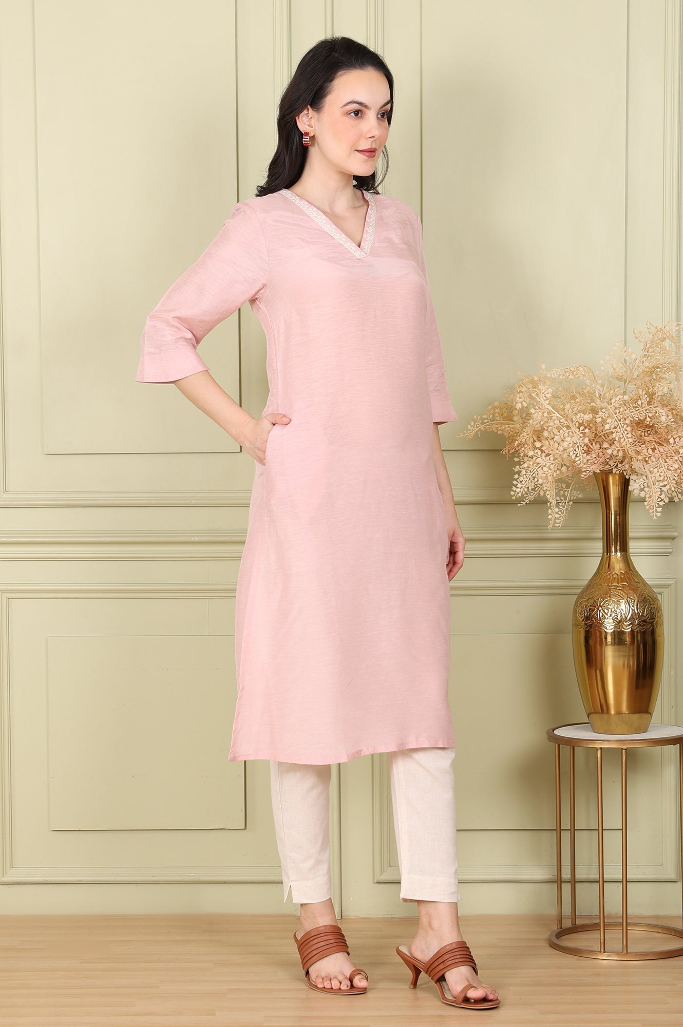 W for Woman Pink Snow Linen Straight Kurta with Thread Embroidery