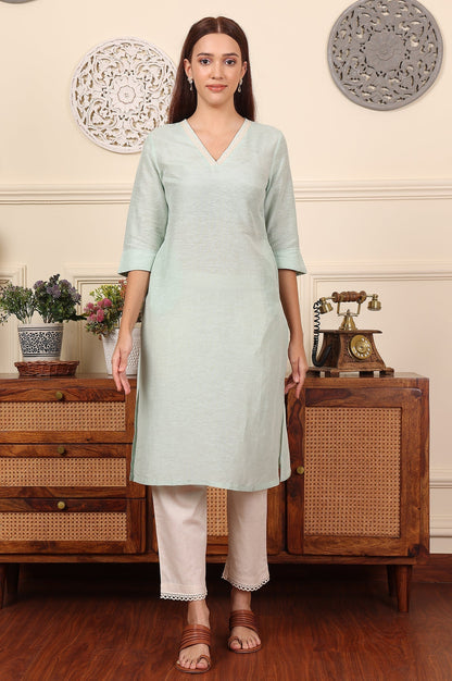 W for Woman Blue Solid Snow Linen Straight Kurta With Thread Work On Neck