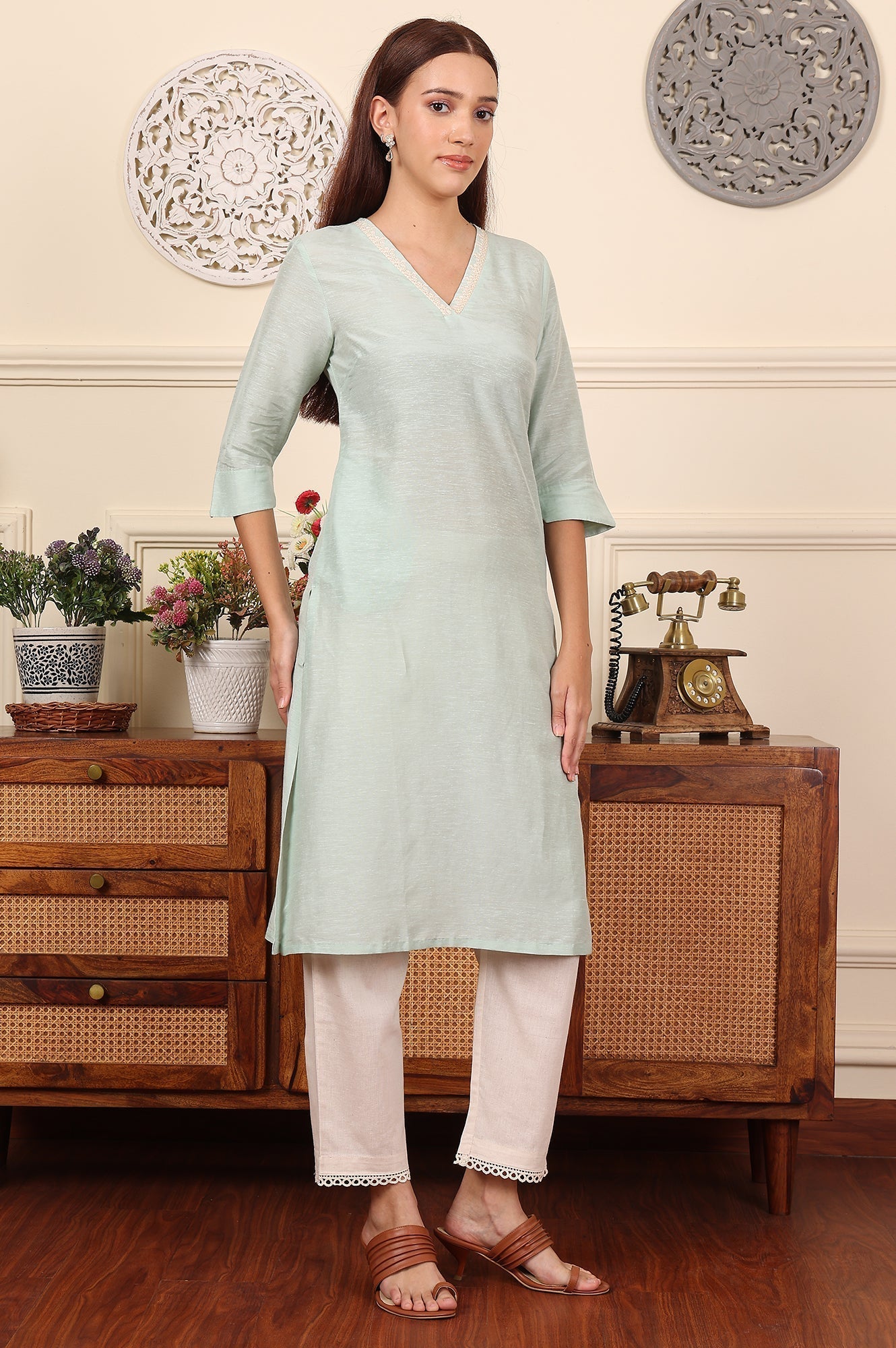 W for Woman Blue Solid Snow Linen Straight Kurta With Thread Work On Neck