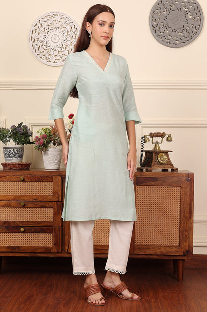 W for Woman Blue Solid Snow Linen Straight Kurta With Thread Work On Neck