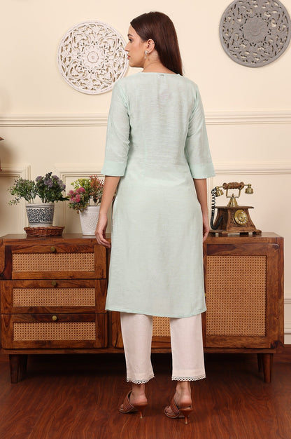 W for Woman Blue Solid Snow Linen Straight Kurta With Thread Work On Neck