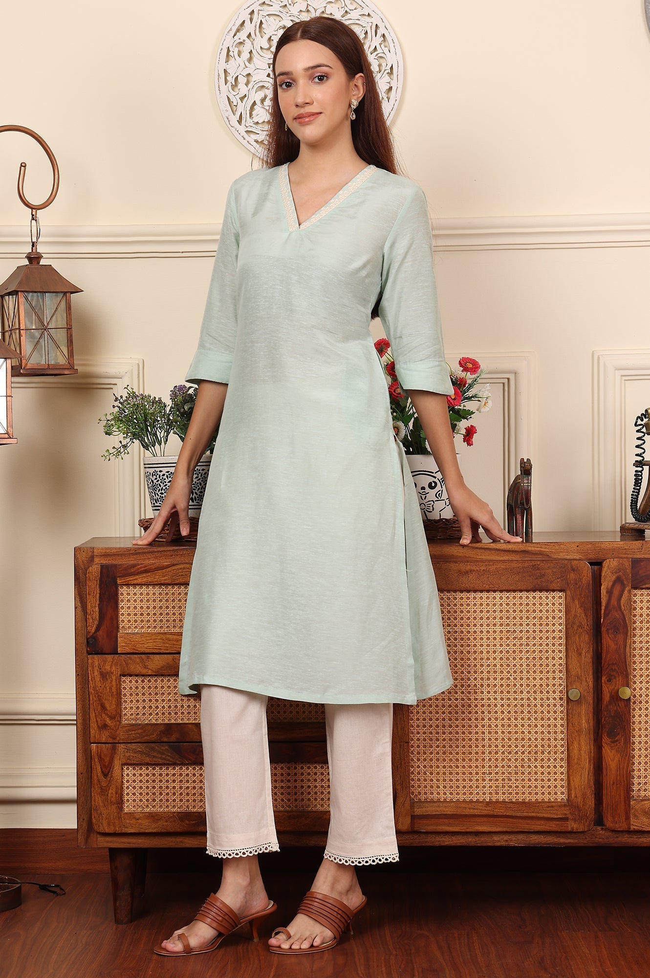 W for Woman Blue Solid Snow Linen Straight Kurta With Thread Work On Neck