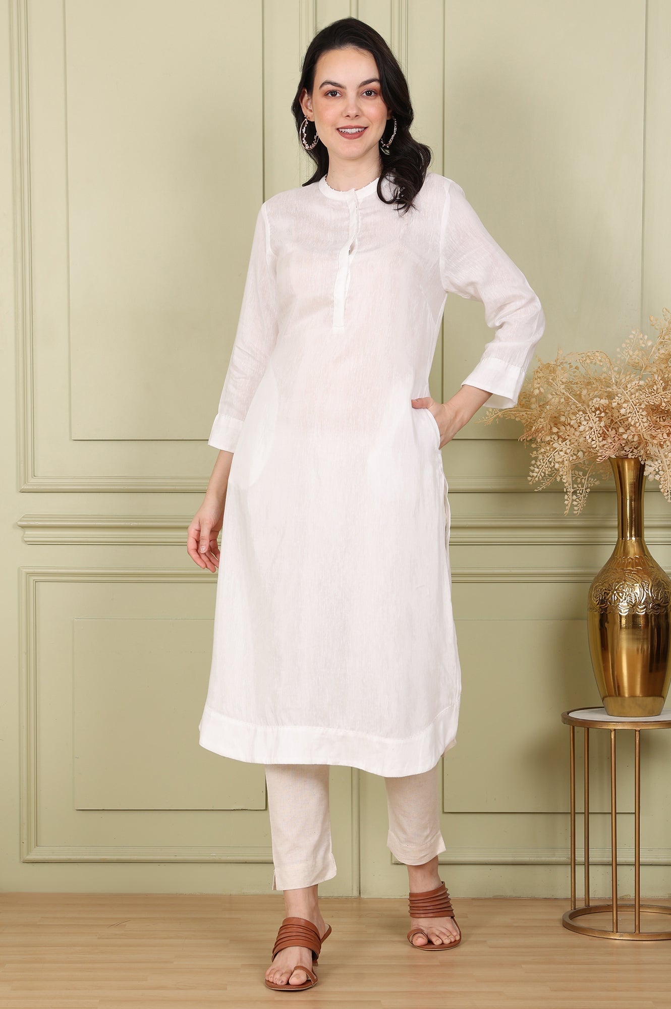 W for Woman White Solid Snow Linen Straight Kurta With Beads On Mandarin Collar