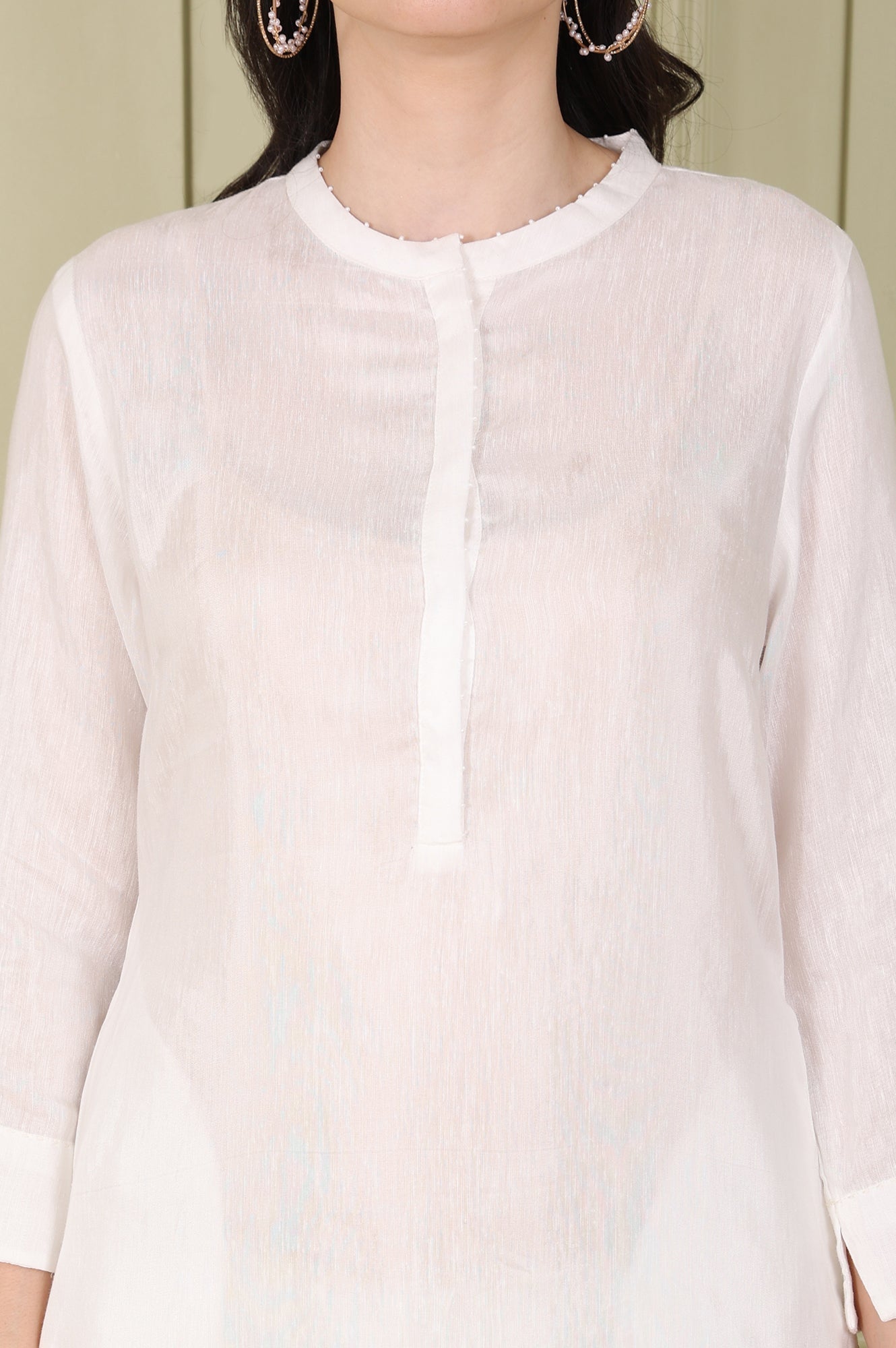 W for Woman White Solid Snow Linen Straight Kurta With Beads On Mandarin Collar