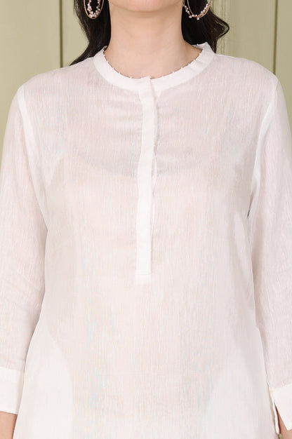 W for Woman White Solid Snow Linen Straight Kurta With Beads On Mandarin Collar