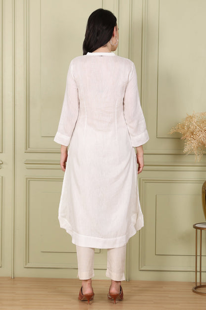 W for Woman White Solid Snow Linen Straight Kurta With Beads On Mandarin Collar