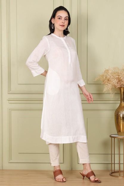 W for Woman White Solid Snow Linen Straight Kurta With Beads On Mandarin Collar