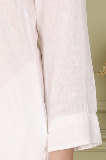 W for Woman White Solid Snow Linen Straight Kurta With Beads On Mandarin Collar
