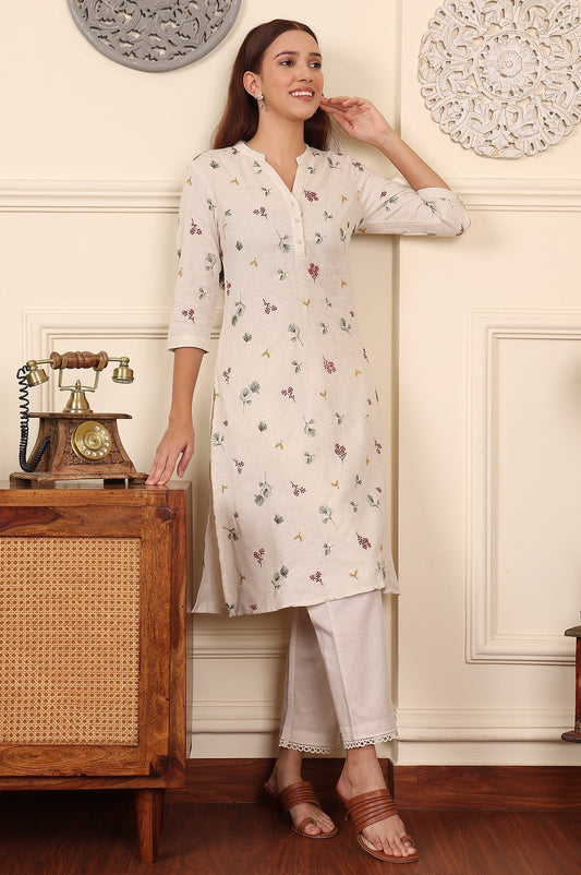 W for Woman Off White Floral Printed Cotton Flax Straight Kurta
