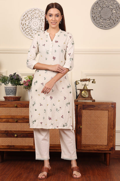 W for Woman Off White Floral Printed Cotton Flax Straight Kurta