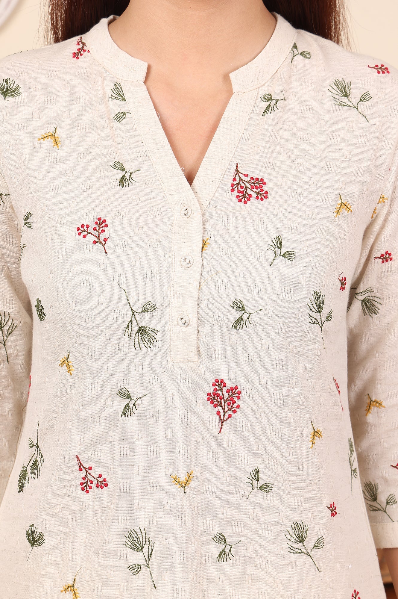 W for Woman Off White Floral Printed Cotton Flax Straight Kurta