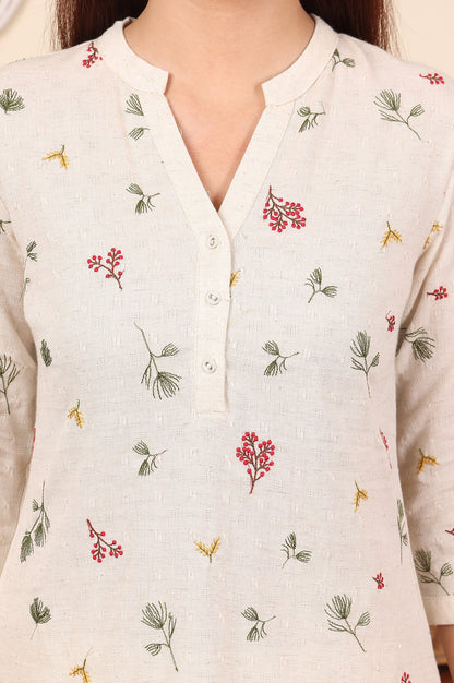 W for Woman Off White Floral Printed Cotton Flax Straight Kurta