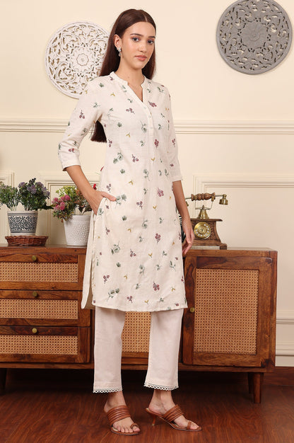 W for Woman Off White Floral Printed Cotton Flax Straight Kurta