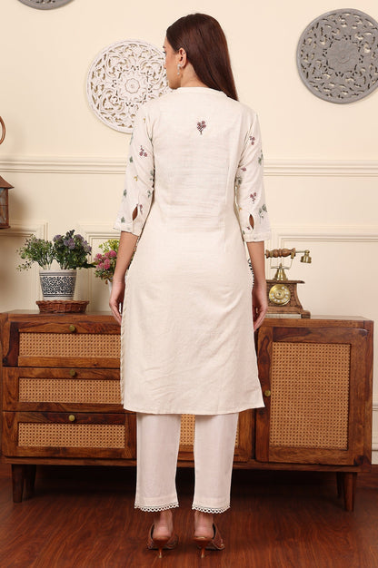W for Woman Off White Floral Printed Cotton Flax Straight Kurta