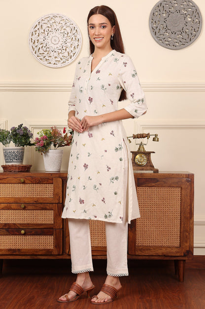 W for Woman Off White Floral Printed Cotton Flax Straight Kurta