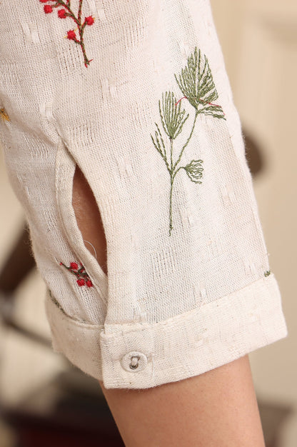 W for Woman Off White Floral Printed Cotton Flax Straight Kurta