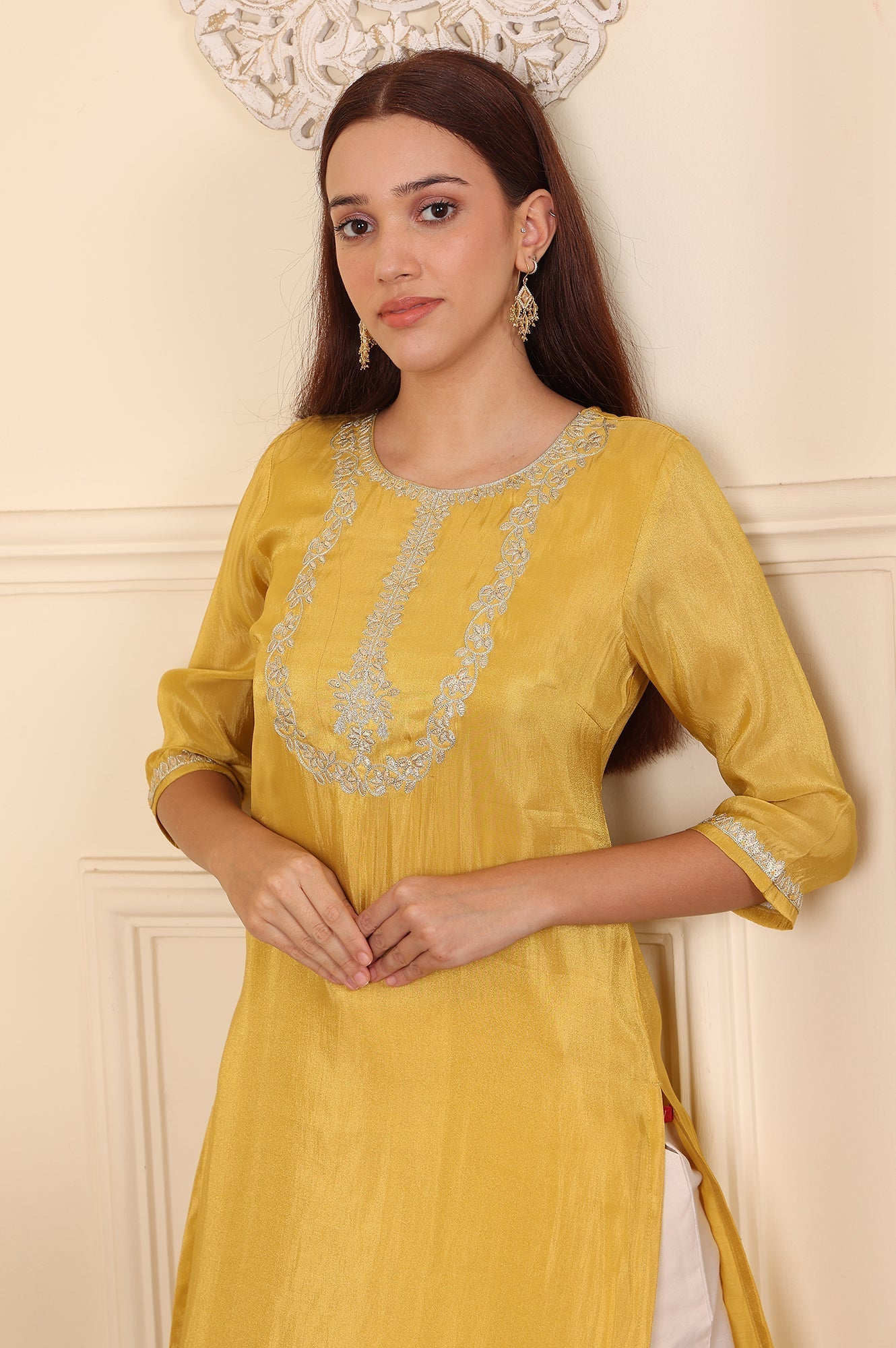 W for Woman Yellow Dori Embroidered Straight Tissue Kurta