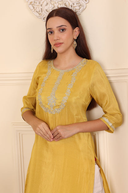 W for Woman Yellow Dori Embroidered Straight Tissue Kurta