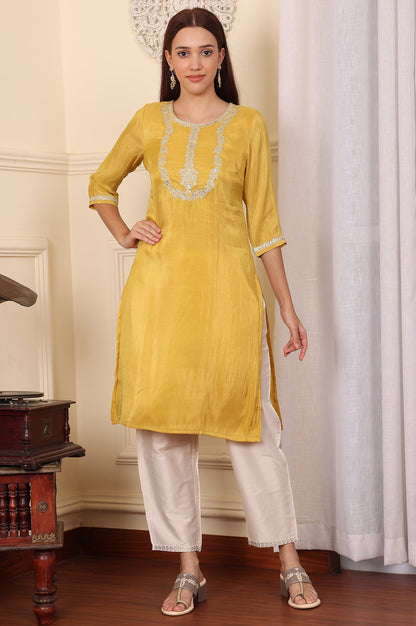 W for Woman Yellow Dori Embroidered Straight Tissue Kurta