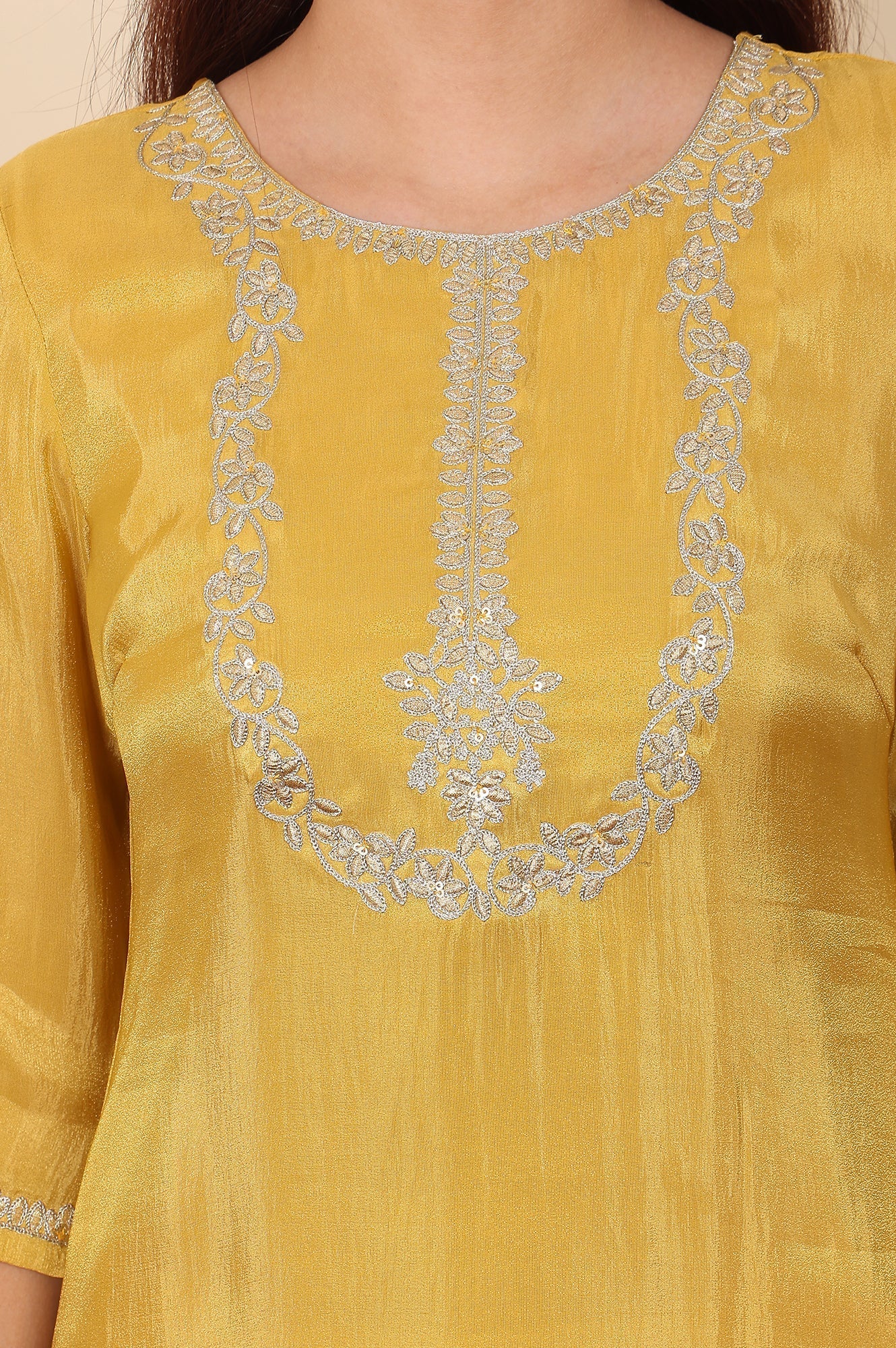 W for Woman Yellow Dori Embroidered Straight Tissue Kurta