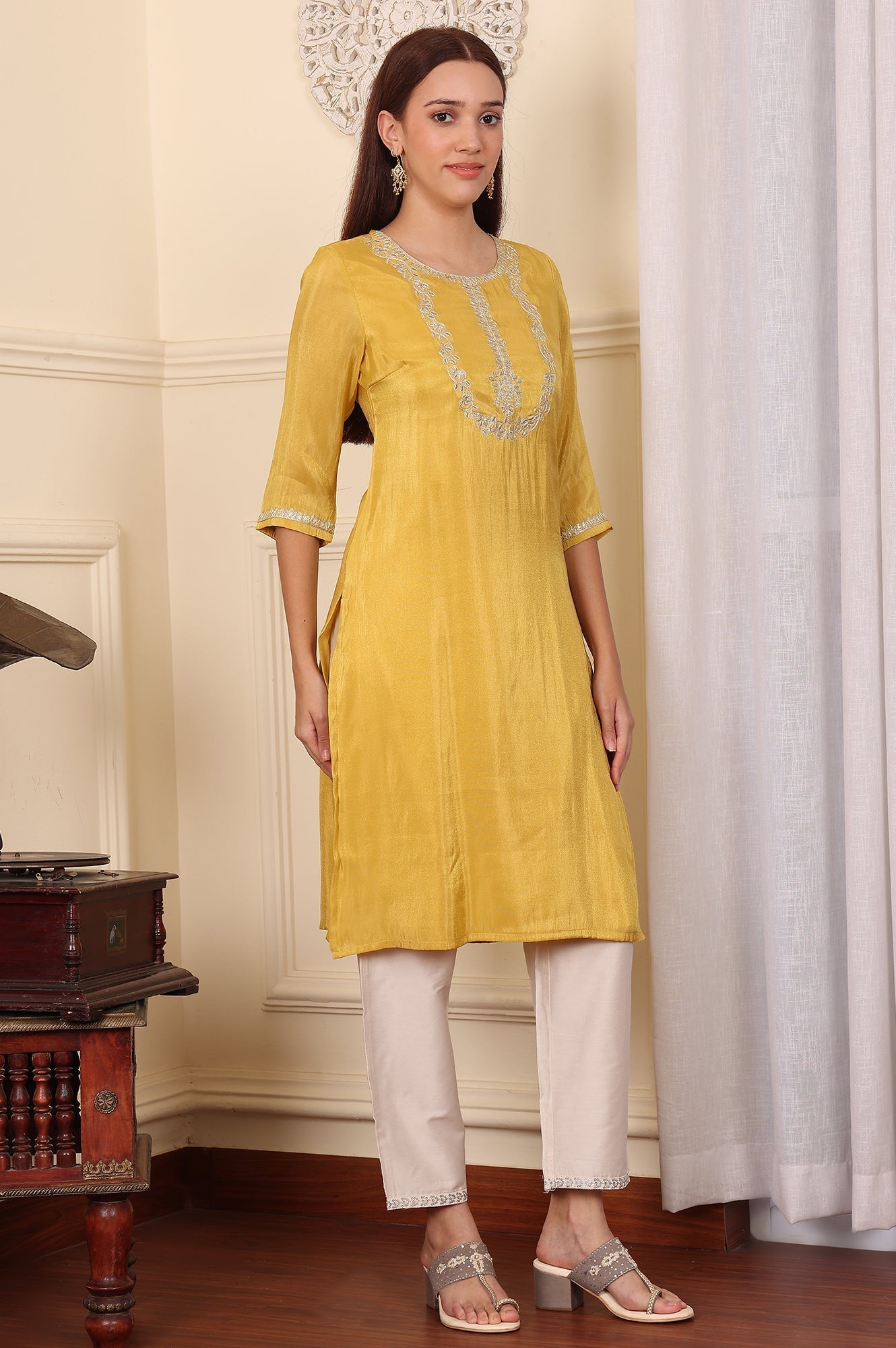 W for Woman Yellow Dori Embroidered Straight Tissue Kurta
