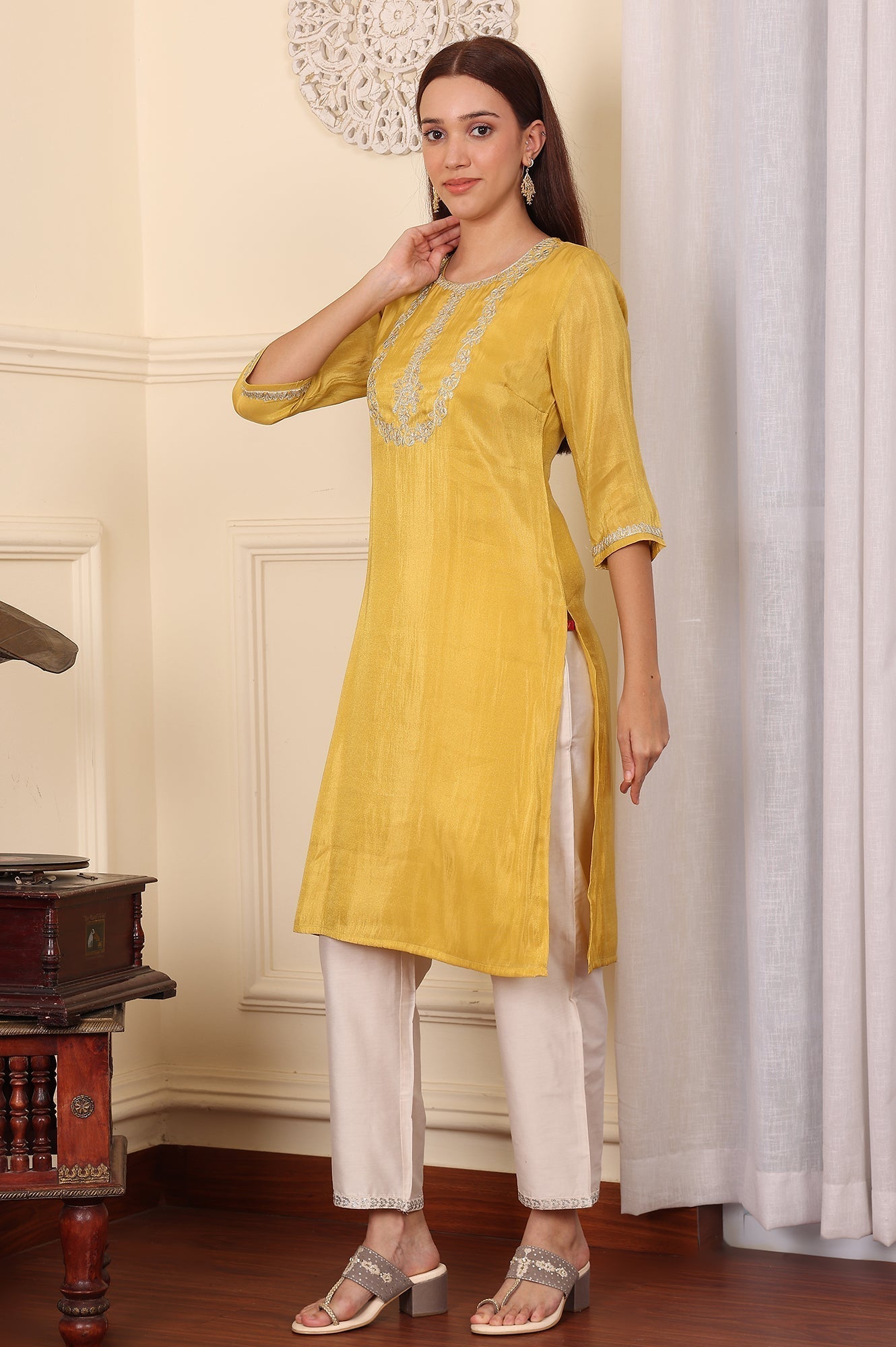 W for Woman Yellow Dori Embroidered Straight Tissue Kurta