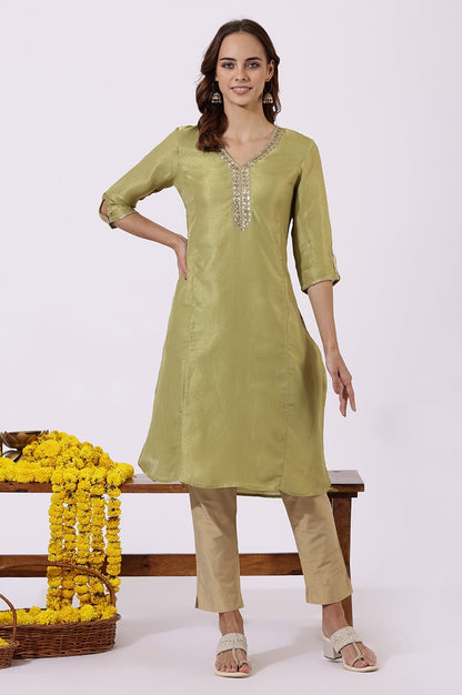 W for Woman Green Solid Straight Kurta