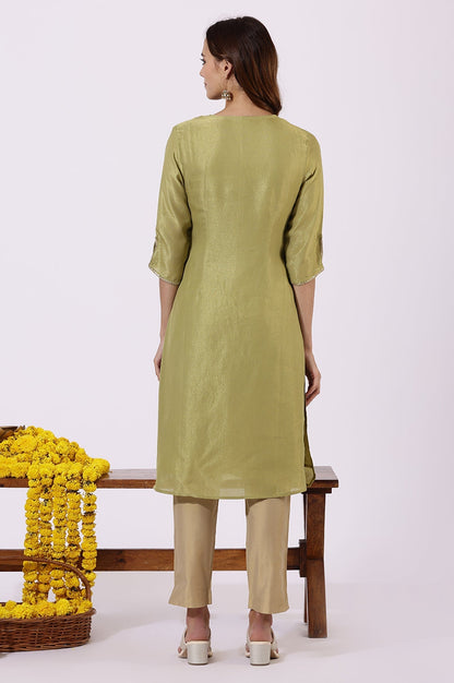 W for Woman Green Solid Straight Kurta
