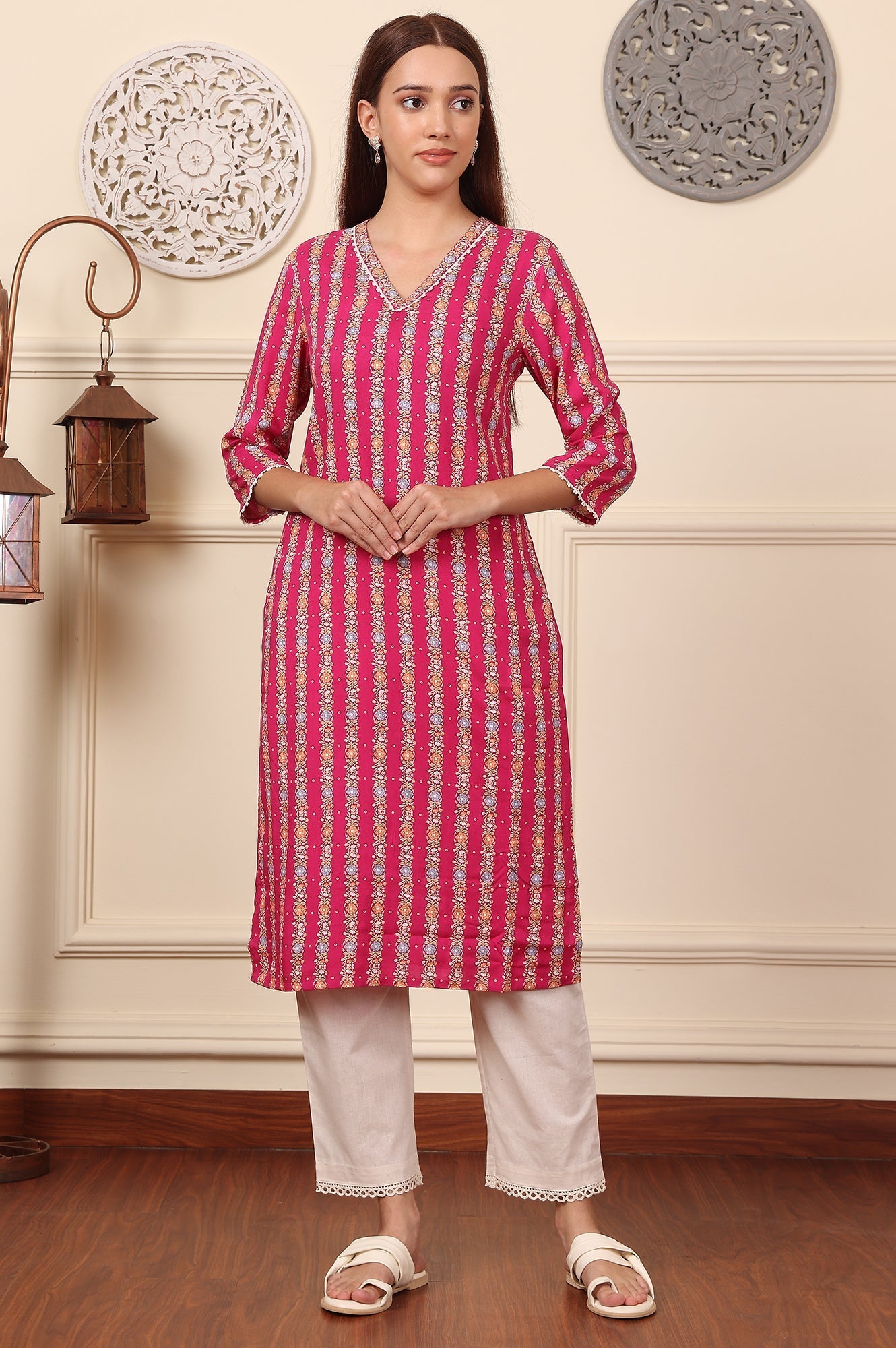 W for Woman Fuchsia Pink Floral Printed V-Neck Rayon Kurta