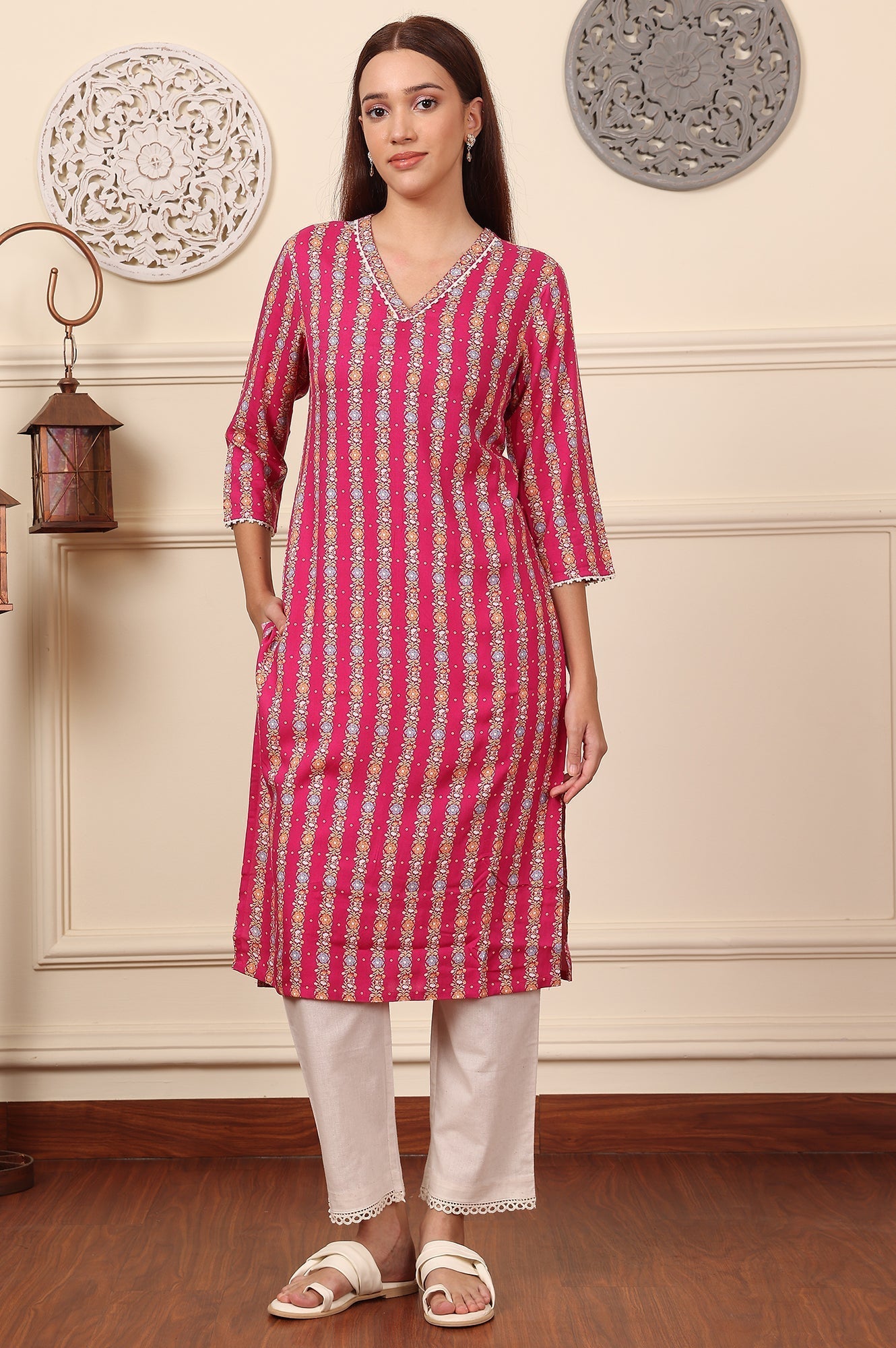 W for Woman Fuchsia Pink Floral Printed V-Neck Rayon Kurta