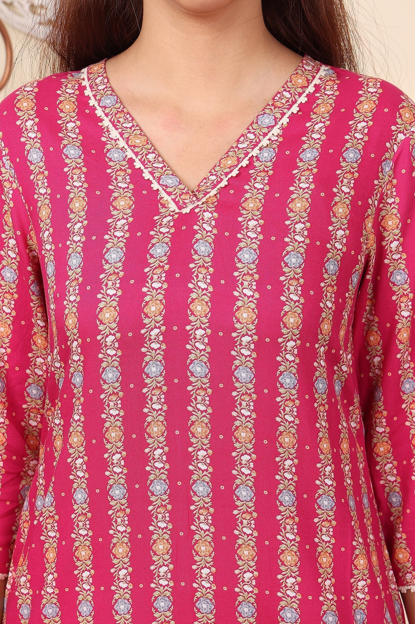 W for Woman Fuchsia Pink Floral Printed V-Neck Rayon Kurta
