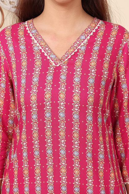 W for Woman Fuchsia Pink Floral Printed V-Neck Rayon Kurta