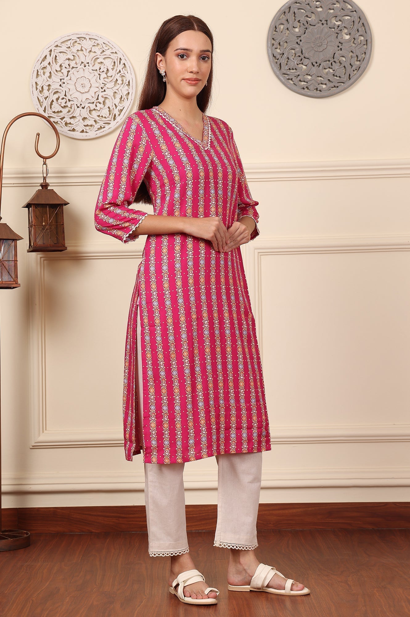 W for Woman Fuchsia Pink Floral Printed V-Neck Rayon Kurta