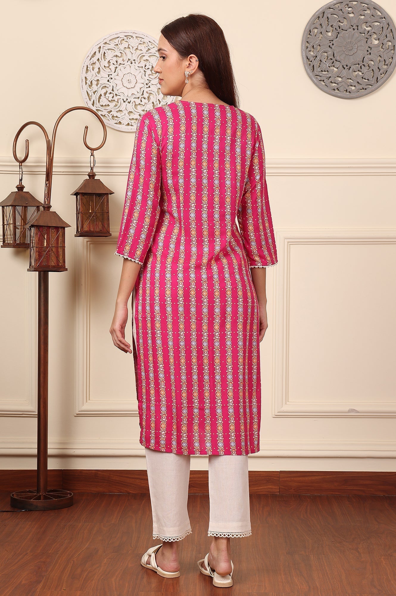 W for Woman Fuchsia Pink Floral Printed V-Neck Rayon Kurta