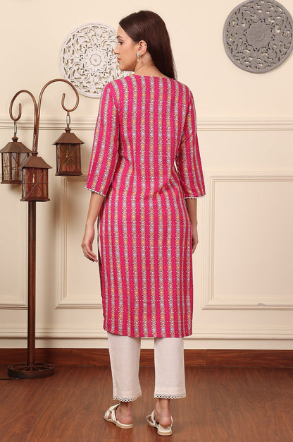 W for Woman Fuchsia Pink Floral Printed V-Neck Rayon Kurta