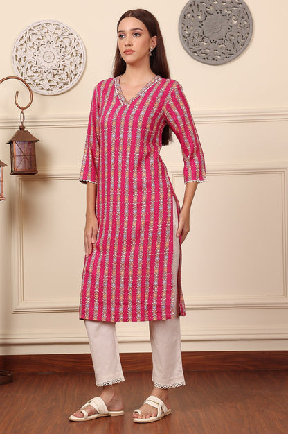 W for Woman Fuchsia Pink Floral Printed V-Neck Rayon Kurta