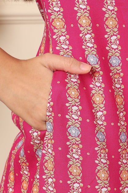 W for Woman Fuchsia Pink Floral Printed V-Neck Rayon Kurta