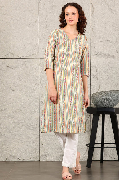 W for Woman Off White Floral Printed And Multi-Coloured Stripe Printed Cotton Blend Kurta