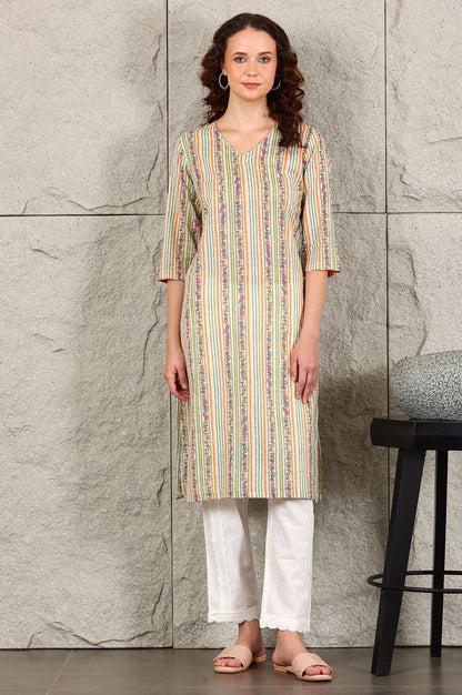 W for Woman Off White Floral Printed And Multi-Coloured Stripe Printed Cotton Blend Kurta