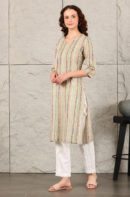 W for Woman Off White Floral Printed And Multi-Coloured Stripe Printed Cotton Blend Kurta