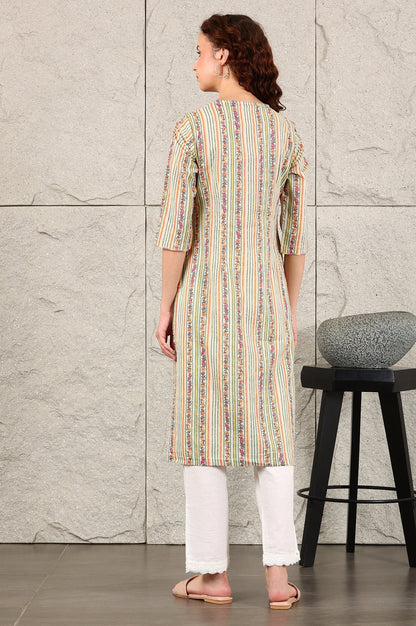 W for Woman Off White Floral Printed And Multi-Coloured Stripe Printed Cotton Blend Kurta