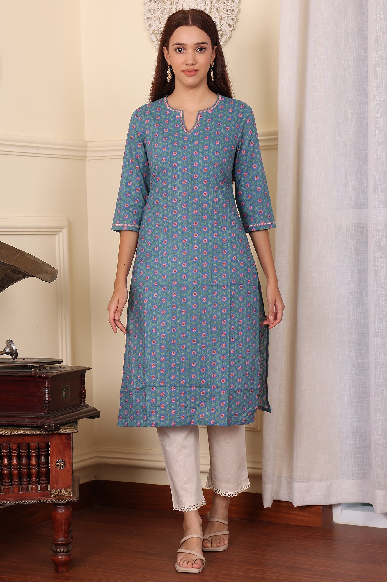 W for Woman Blue Geometric Printed Pure Cotton Straight Kurta