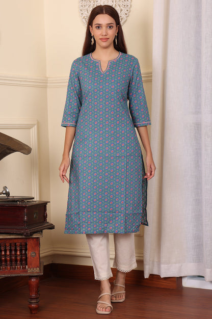 W for Woman Blue Geometric Printed Pure Cotton Straight Kurta