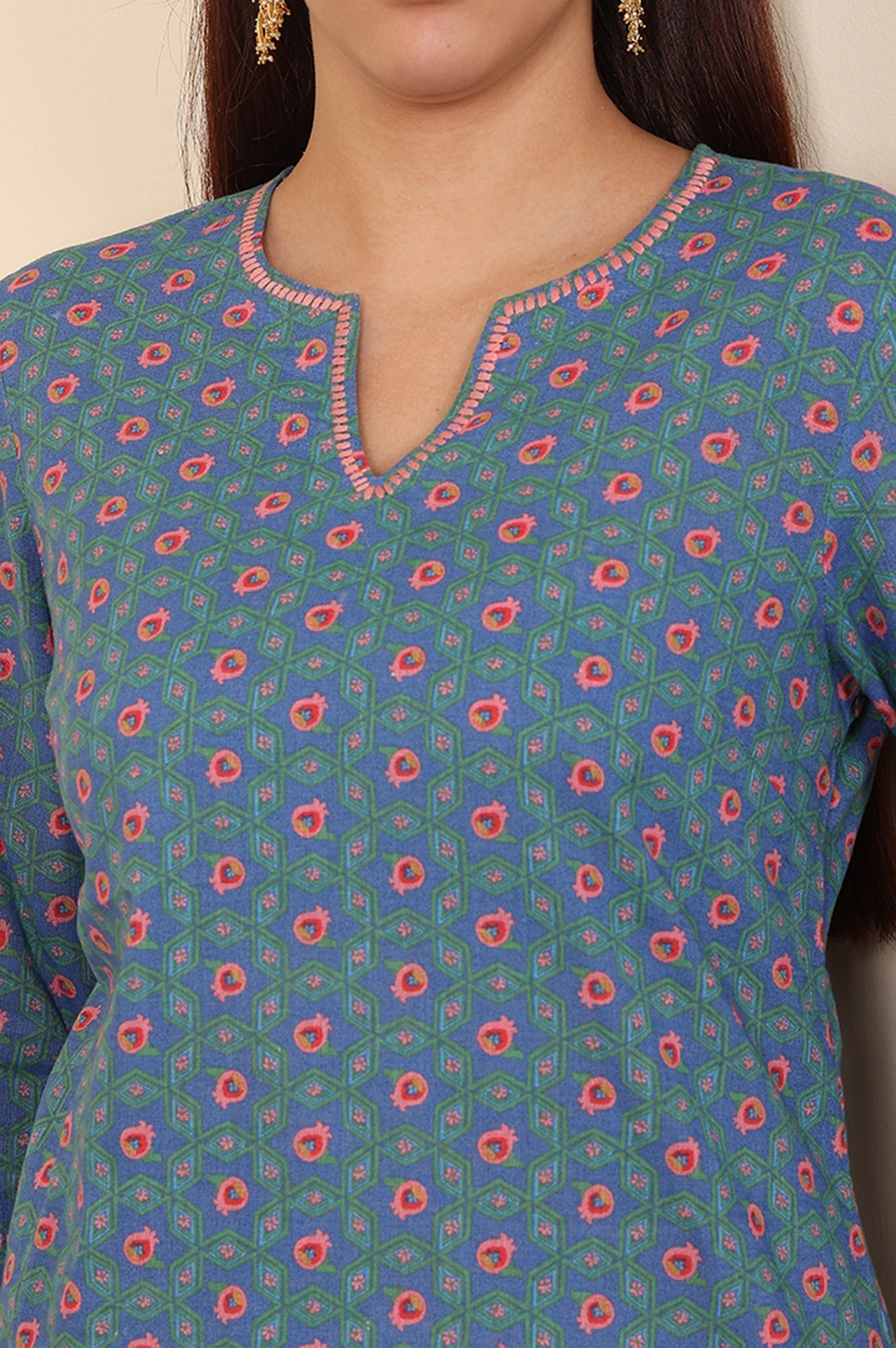 W for Woman Blue Geometric Printed Pure Cotton Straight Kurta
