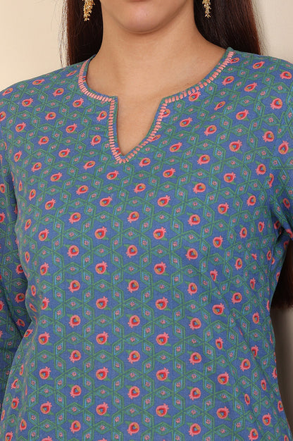 W for Woman Blue Geometric Printed Pure Cotton Straight Kurta