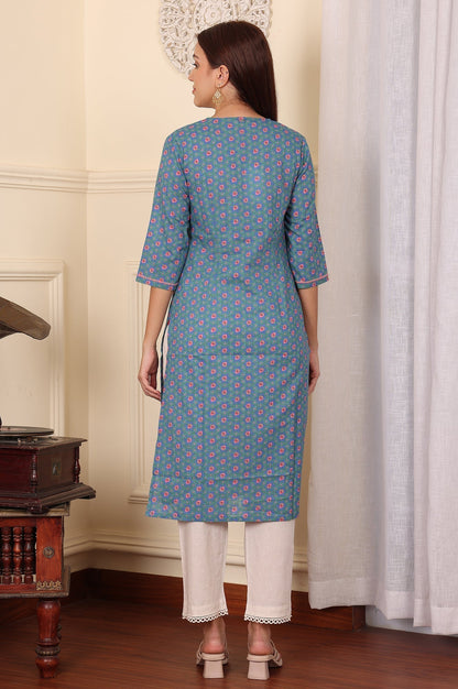 W for Woman Blue Geometric Printed Pure Cotton Straight Kurta