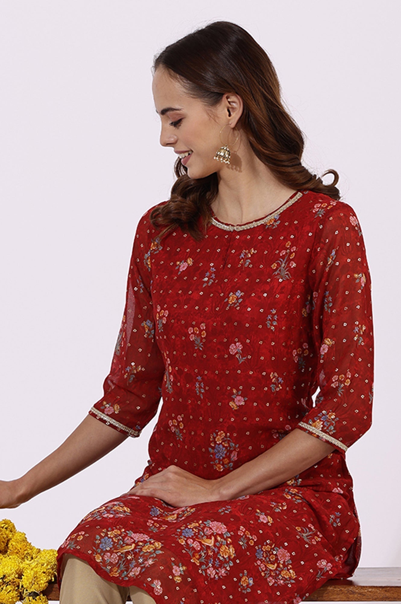 W for Woman Red Printed Lace Straight Kurta