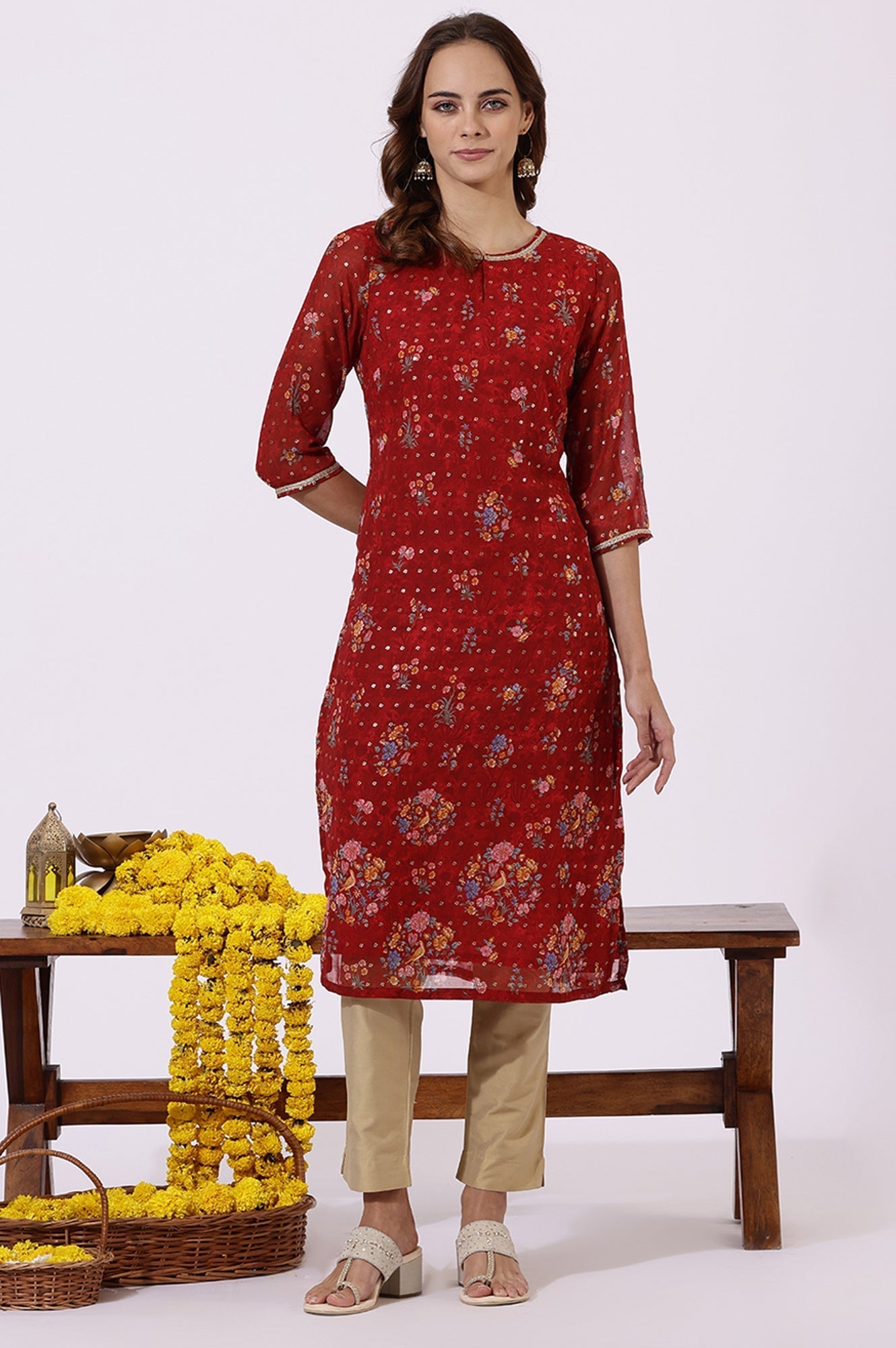 W for Woman Red Printed Lace Straight Kurta