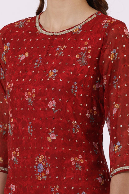 W for Woman Red Printed Lace Straight Kurta