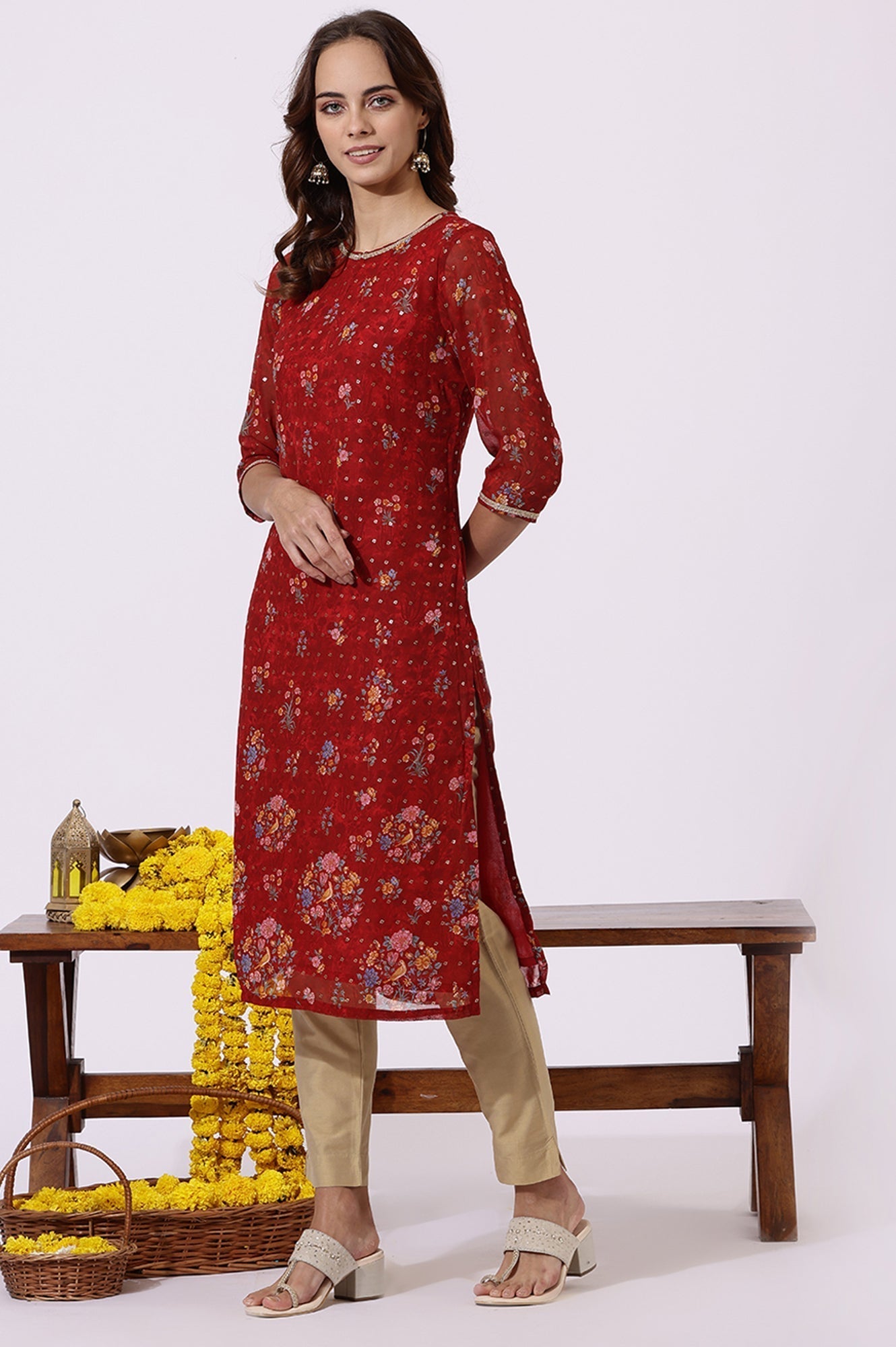 W for Woman Red Printed Lace Straight Kurta